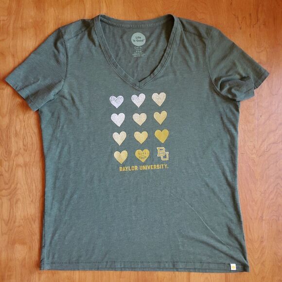 Baylor University V Neck T Shirt Womens L Life is Good Classic Fit Green Hearts - Picture 4 of 9